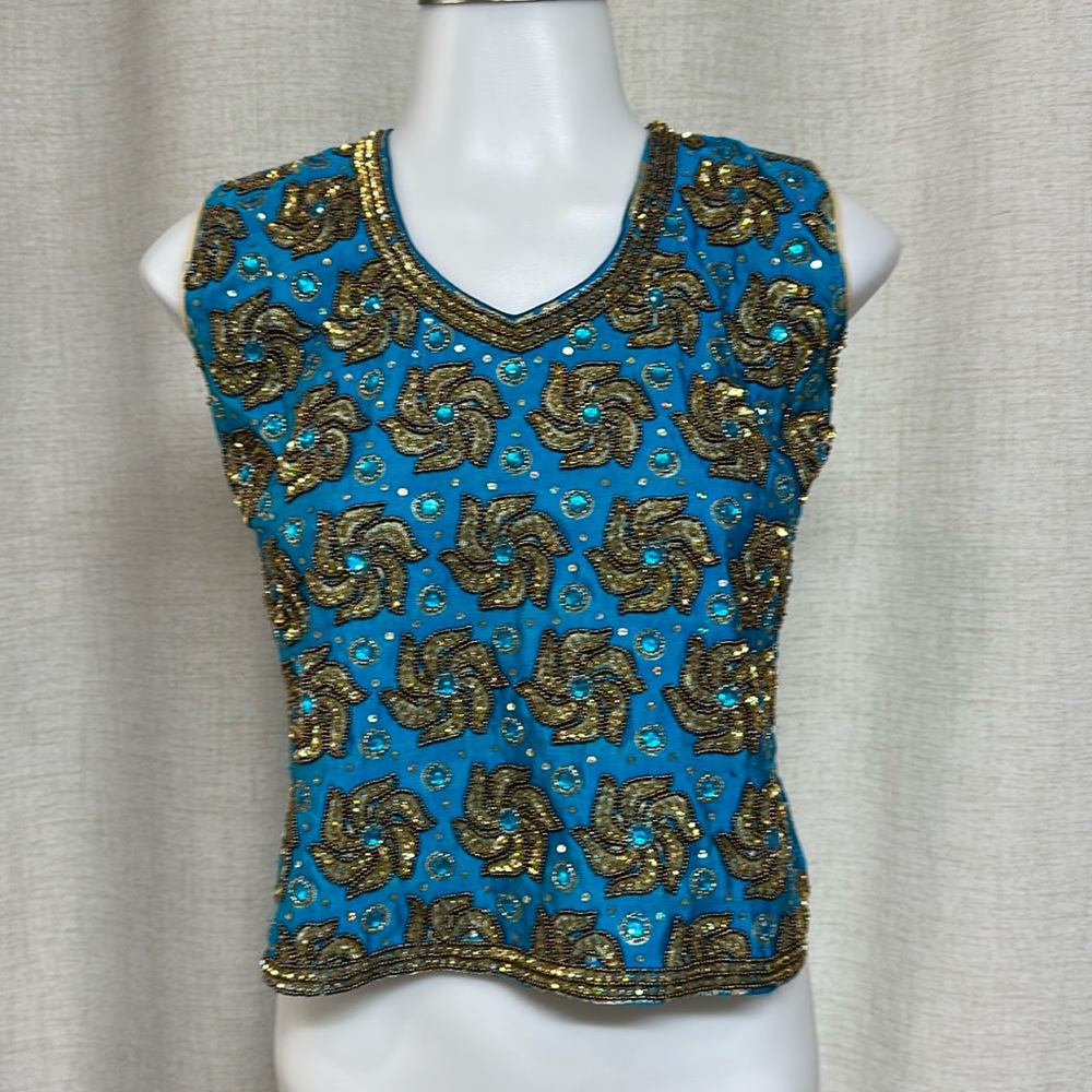 SALE GOLD turquoise BLUE beaded jeweled sleeveless zipper back blouse shirt top